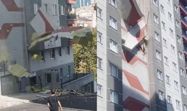 Panik anları…  15 katlı apartmanın dış cephe kaplamaları çöktü!