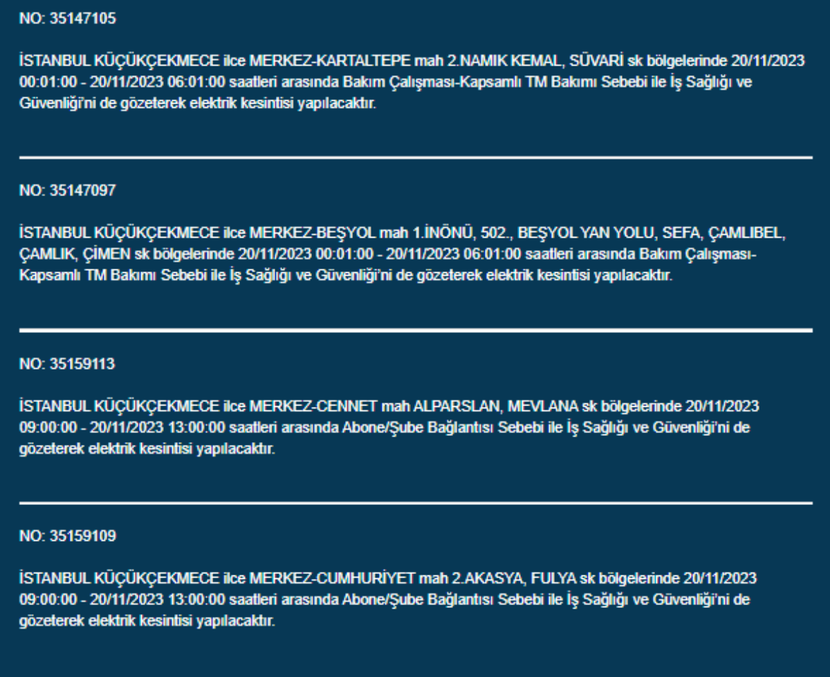İstanbul'da 33 İlçede elektrik kesintisi: 20 Kasım Pazartesi elektrik kesintilerinin yapılacağı ilçeler hangileri? İstanbul'da elektrikler ne zaman gelecek?
