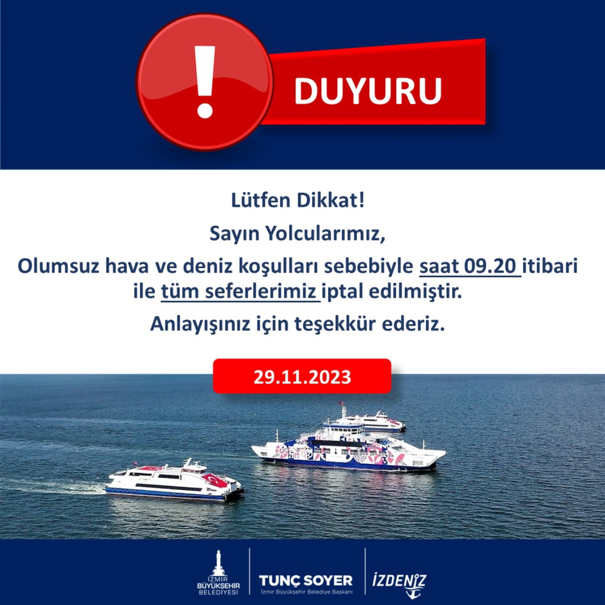 İzmir'de tüm deniz ulaşımı iptal edildi