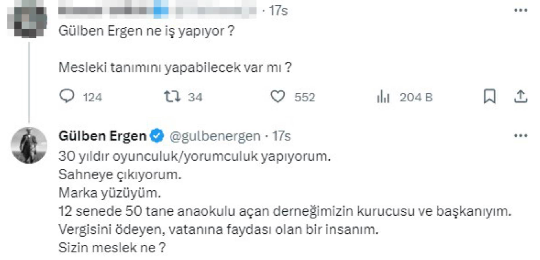 Gülben Ergen'den 'Sen ne iş yapıyorsun?' diyen sosyal medya kullanıcısına cevap