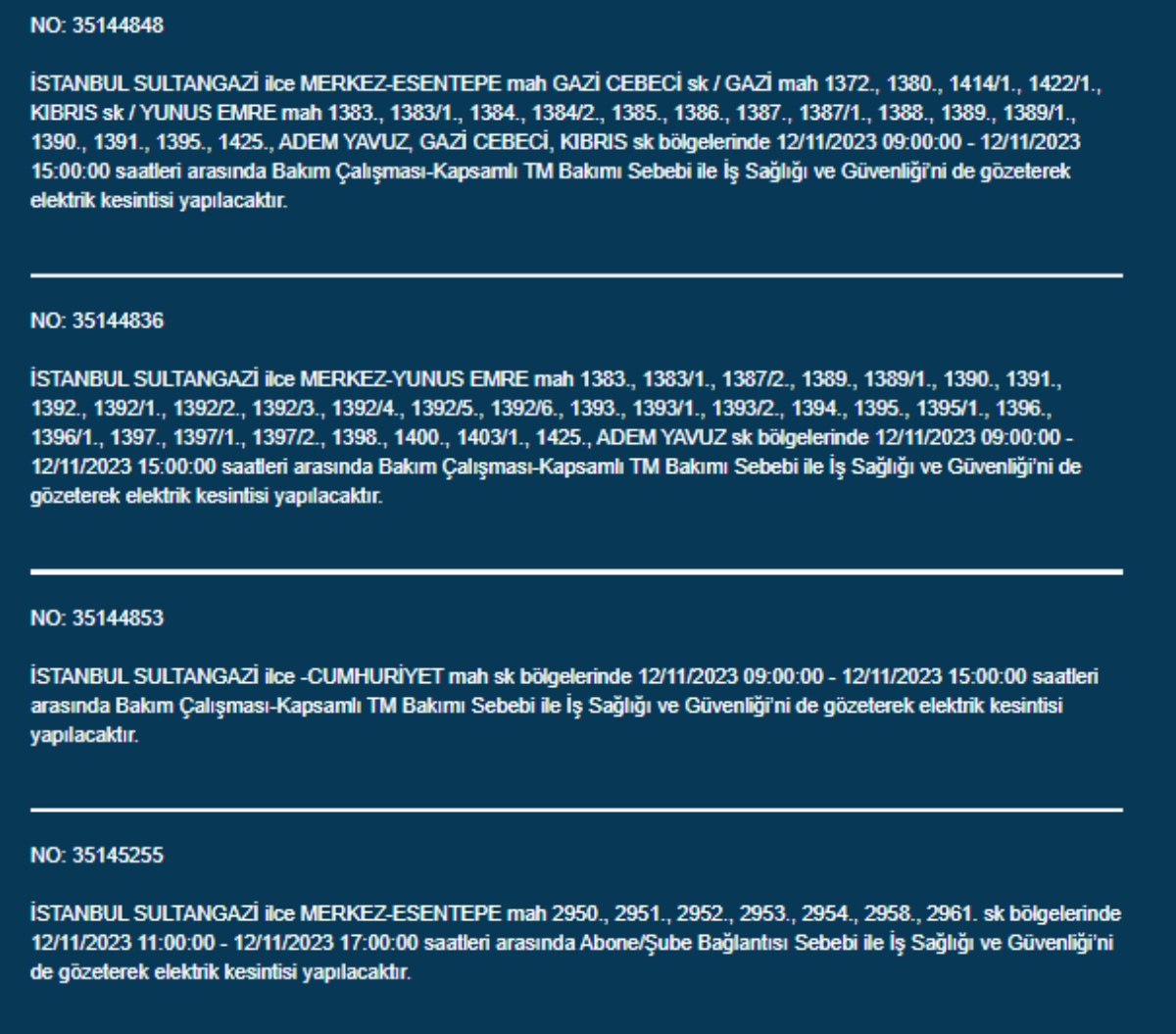 28 ilçede elektrikler kesilecek! İstanbul'da bugün elektrik kesintisi yaşanacak ilçeler hangileri? 12 Kasım İstanbul'da elektrik ne zaman gelecek? Avcılar, Bağcılar, Beylikdüzü, Fatih, Esenyurt, Pendik, Maltepe, Sancaktepe'de elektrikler ne zaman gelecek?