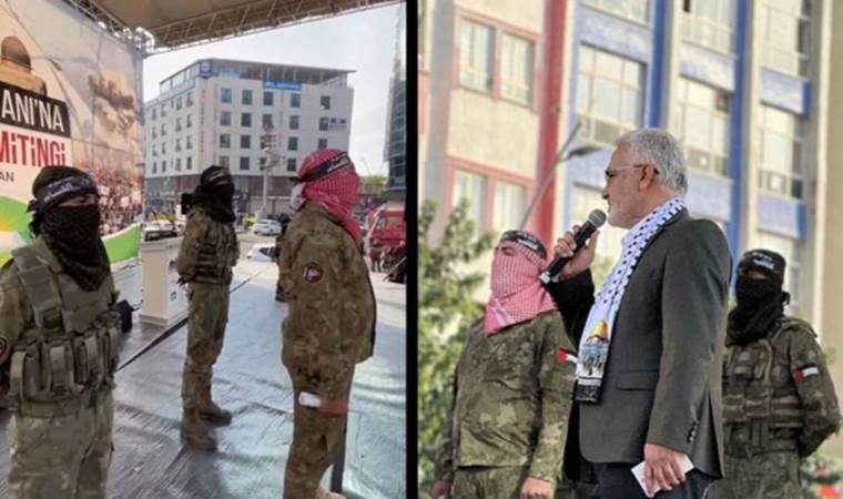 HÜDA-PAR mitinginde Hamas üniformalı, yüzü maskeli kişiler sahnede