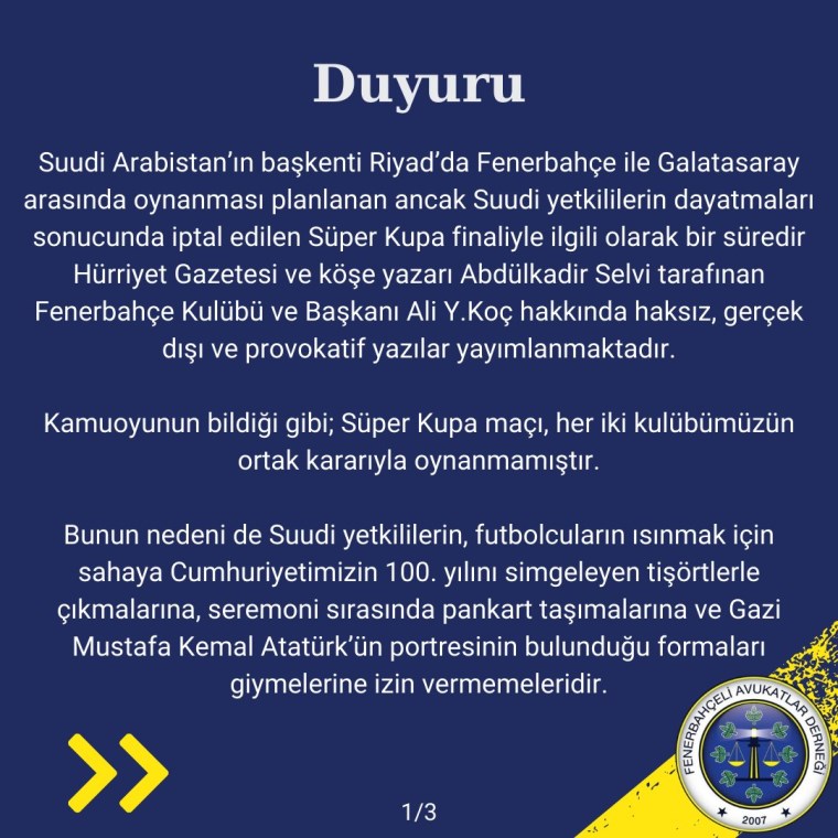 Fenerbahçeli Avukatlar Derneği'nden yandaş yazara tepki!