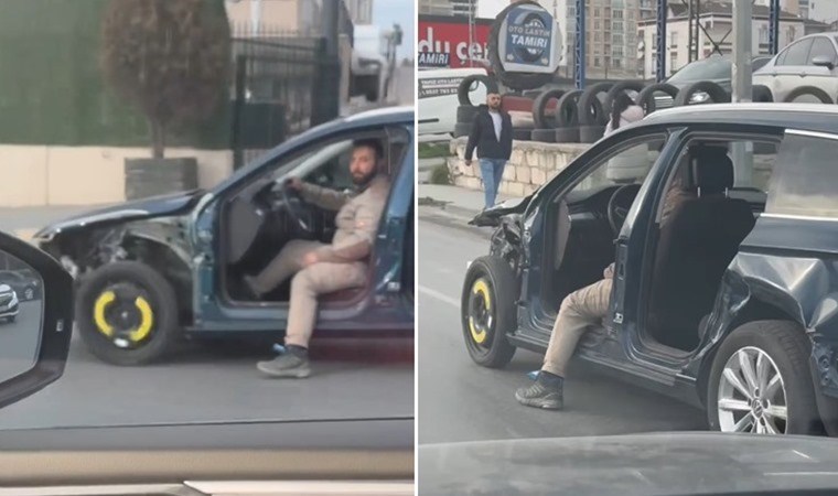 Trafikte tehlikeli anlar: Ağır hasarlı otomobili kullandı