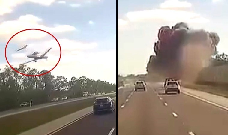 Otoyola inen uçağın alev alma görüntüsü ortaya çıktı