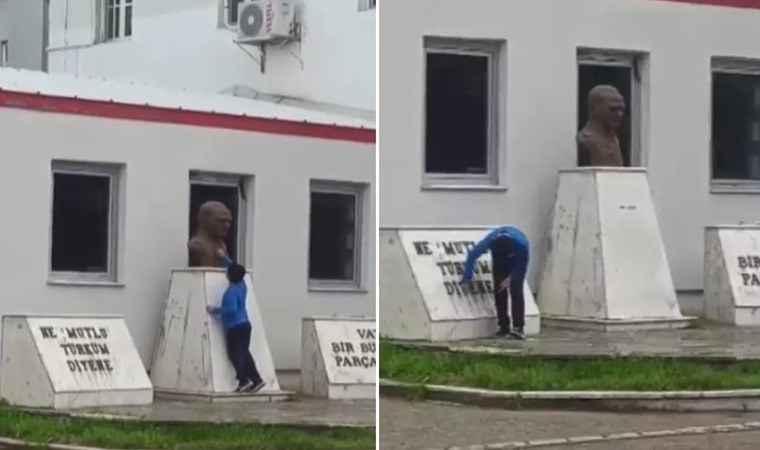 8 yaşındaki çocuktan duygulandıran görüntü: Atatürk’ün büstünü sildi