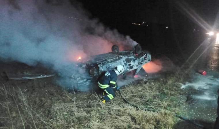 Otomobili takla attı, alev aldı, yara almadan kazayı atlattı