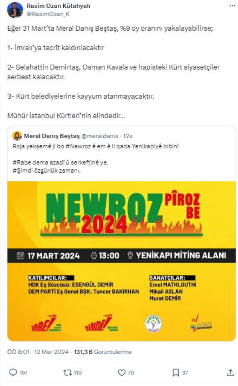 Rasim Ozan Kütahyalı'dan dikkat çeken seçim iddiası: 'Mühür İstanbul Kürtleri’nin elinde...'