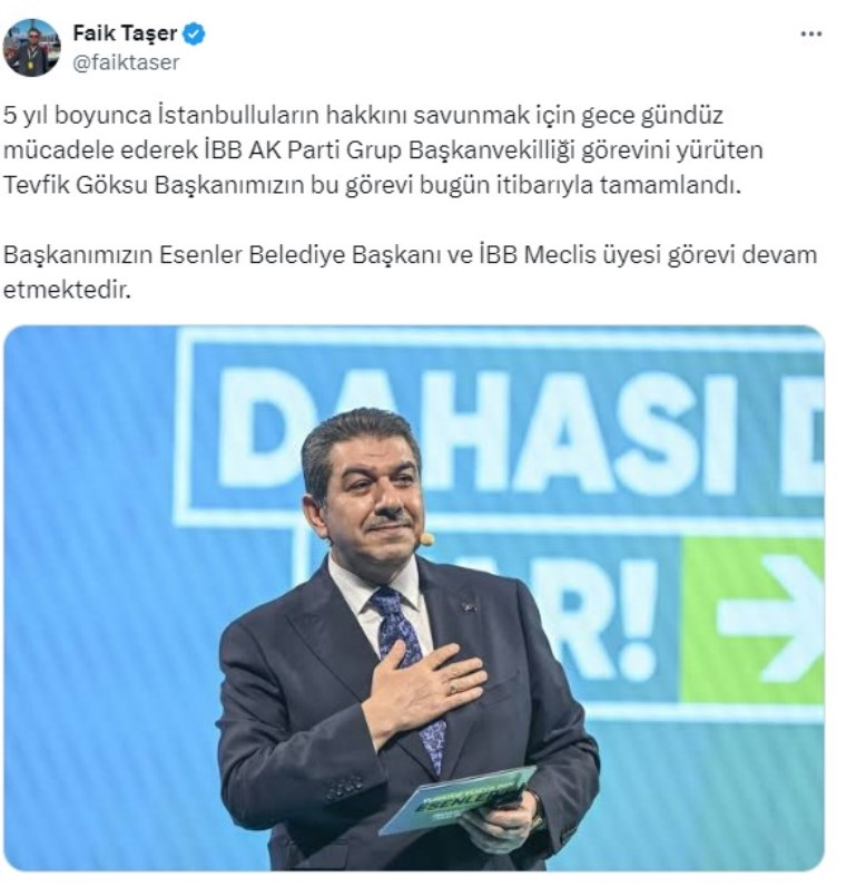 Tevfik Göksu'nun İBB AKP Grup Başkanvekilliği görevi sona erdi