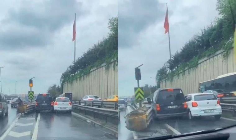 İki inatçı sürücü Bahçelievler yan yol girişindeki bariyerlere böyle sıkıştı