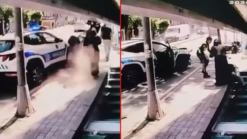 Polis aracının karıştığı kaza kamerada: Savrulan motosiklet yayaya çarptı